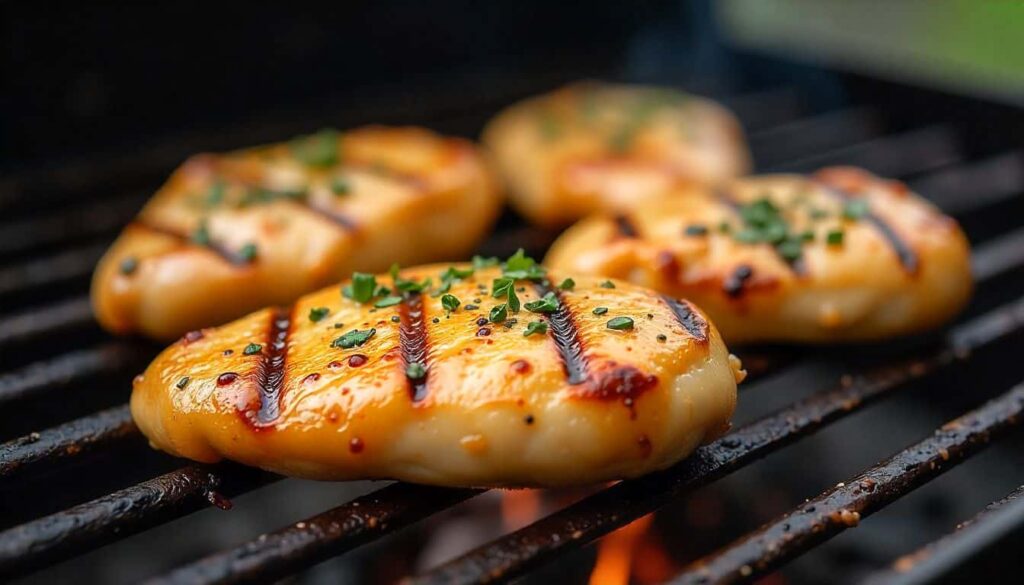 Grilled skinless chicken breast on grill pan with herbs and olive oil, low-fat cooking for acid reflux diet.