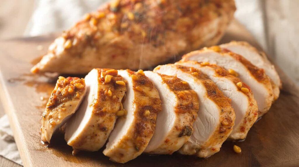 Chick fil a Cobb Salad Recipe “Close-up of seasoned grilled chicken sliced on a cutting board for Chick fil a Cobb Salad.”