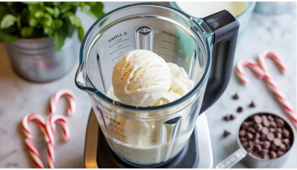Blender filled with vanilla ice cream, milk, and peppermint syrup ready to make a peppermint milkshake.