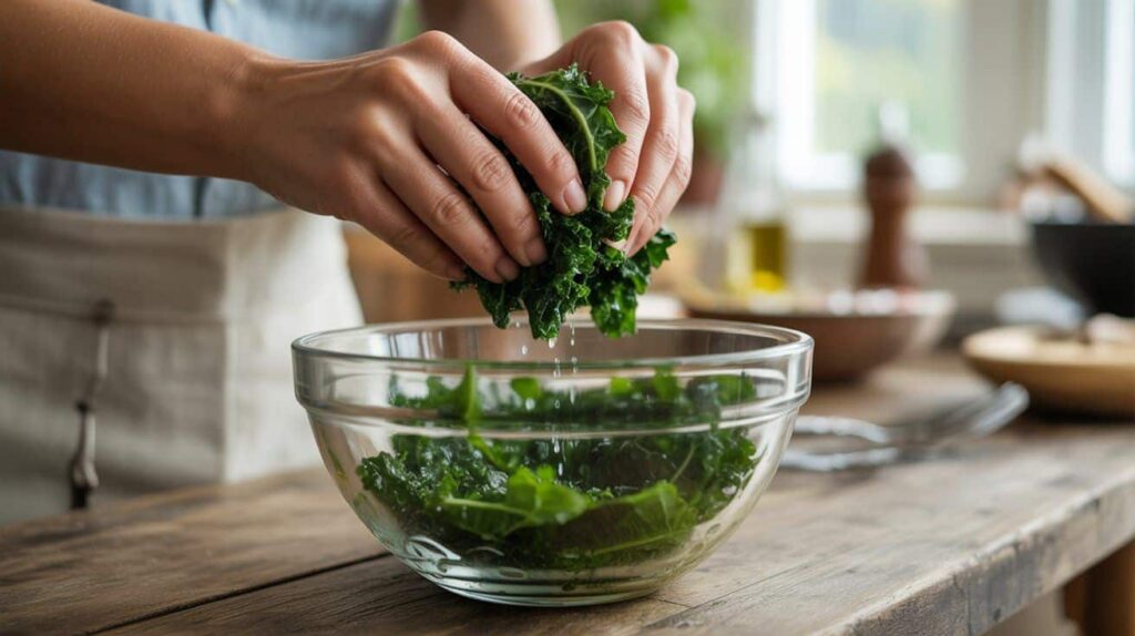 “Hands massaging kale leaves with olive oil and salt.”