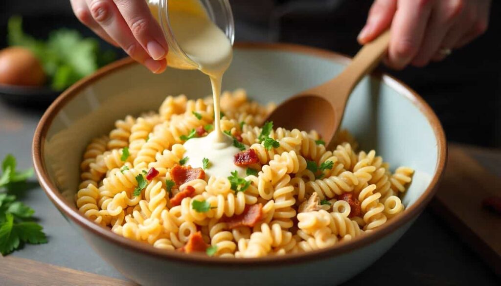 “Hands mixing pasta, chicken, bacon, ranch dressing, and herbs in a large bowl.”