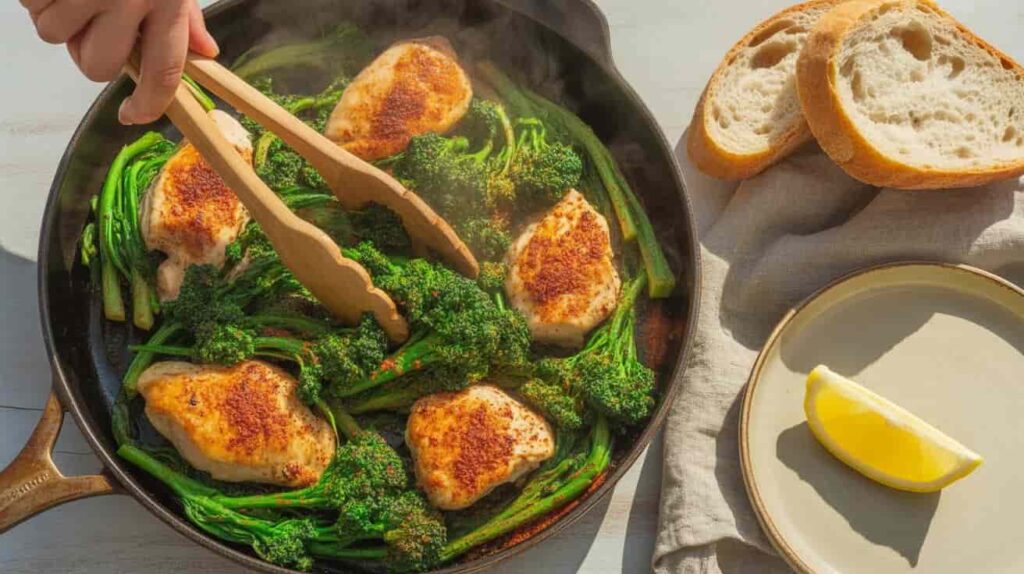 “Sautéed chicken mixed with cooked broccoli rabe and red pepper flakes in a pan.”