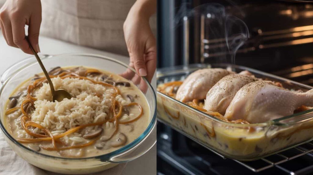 “Mixing rice, onion soup mix, and mushroom soup to prepare the base for chicken rice onion soup mix recipe.”