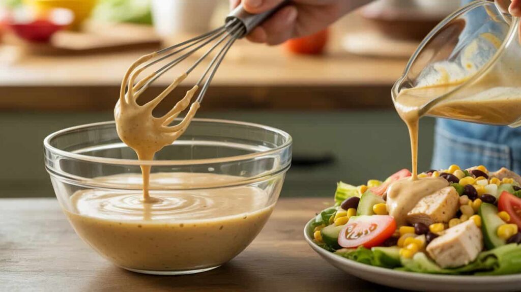 Person whisking Chick fil a creamy salsa dressing in a glass bowl.Creamy salsa dressing being poured over a Southwest chicken salad.