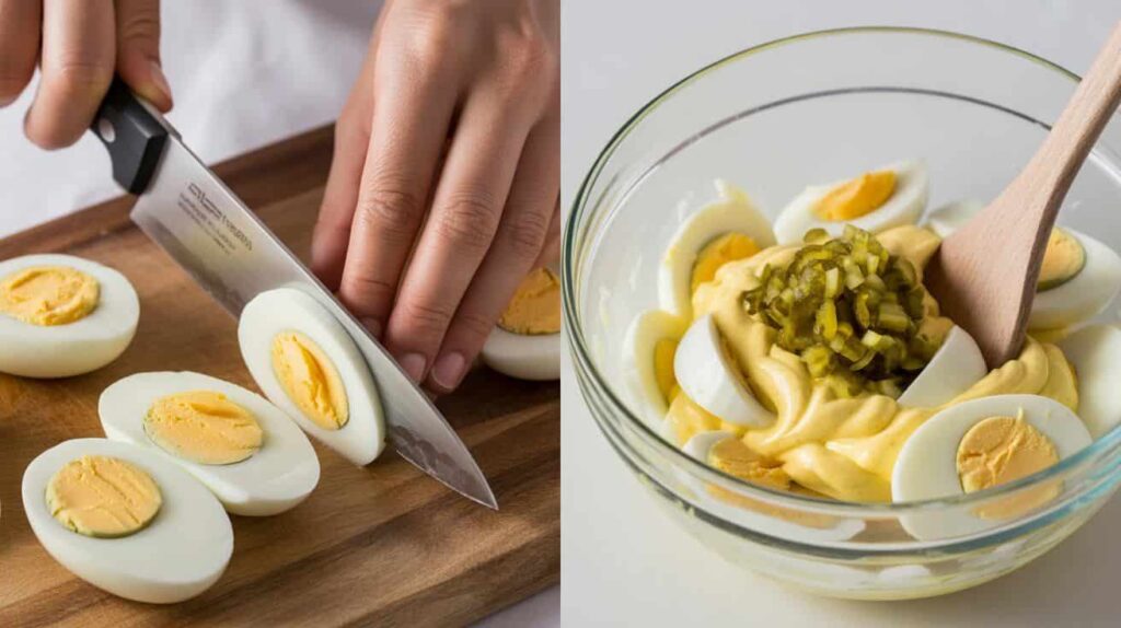 “Mixing chopped eggs, mayonnaise, mustard, and relish in a bowl to make egg salad.”“Hands finely chopping hard-boiled eggs on a cutting board for egg salad.”