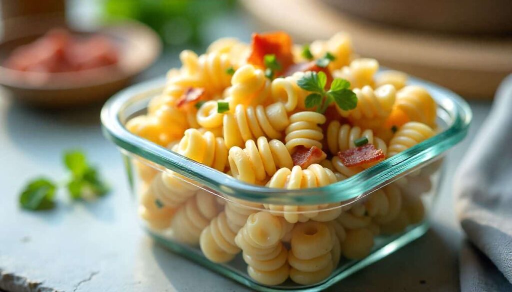 chicken-bacon-ranch-pasta-salad recipe “Chicken bacon ranch pasta salad stored in a glass meal-prep container.”