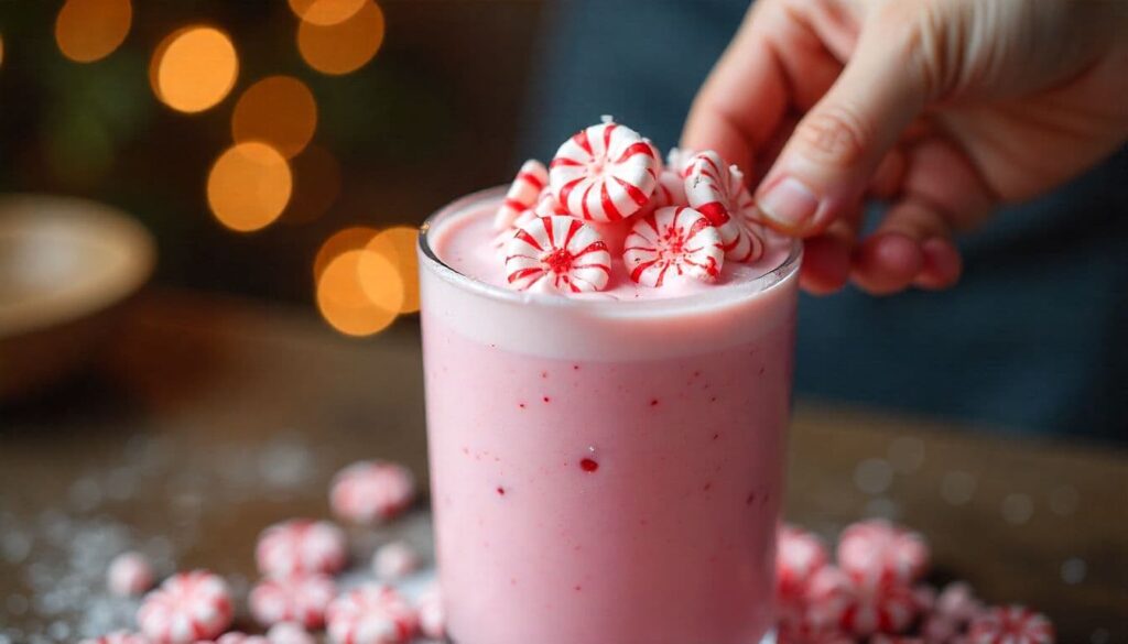 Hand mixing chopped peppermint bark chips into creamy peppermint milkshake mixture.