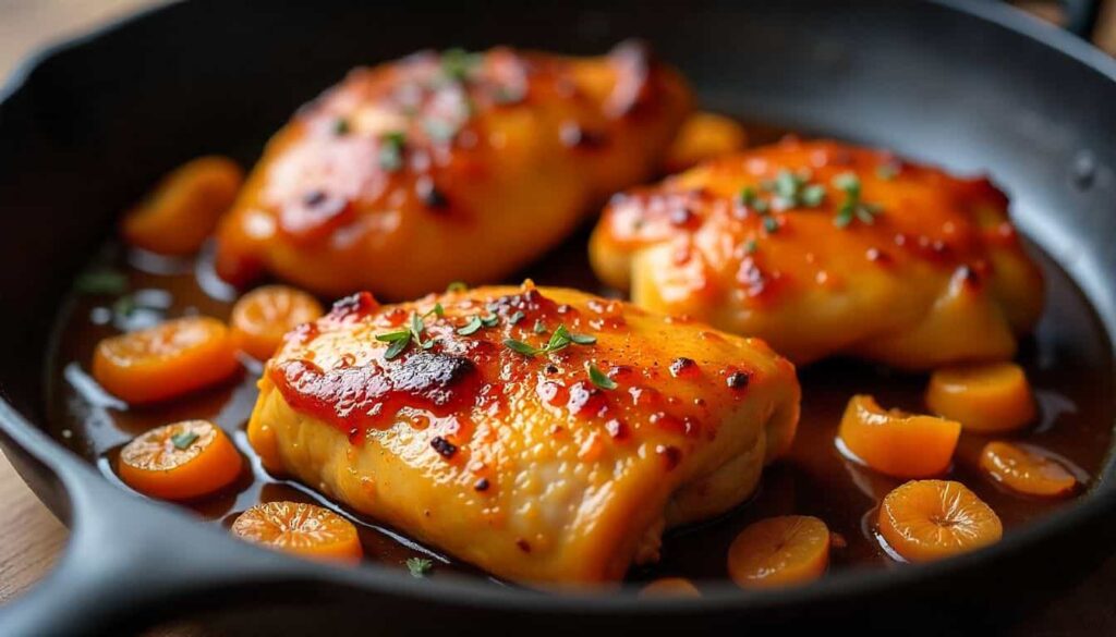 “Apricot-glazed chicken thighs coated in a sticky golden apricot sauce.”