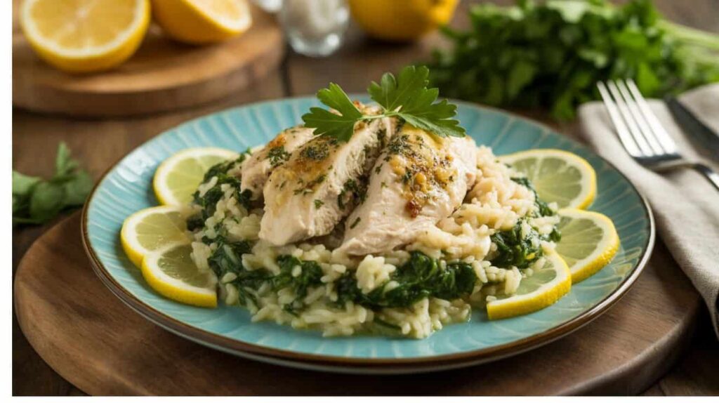 ““Plated chicken rice spinach recipe served with lemon and parsley garnish.Step-by-step cooking process of chicken rice spinach recipe.”