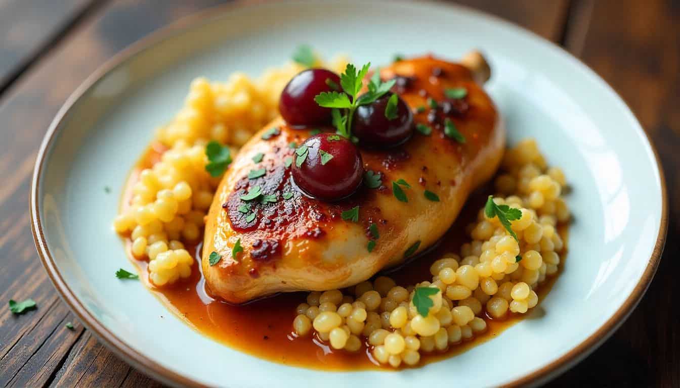 Plated chicken with plums recipe garnished with fresh coriander and served with couscous.