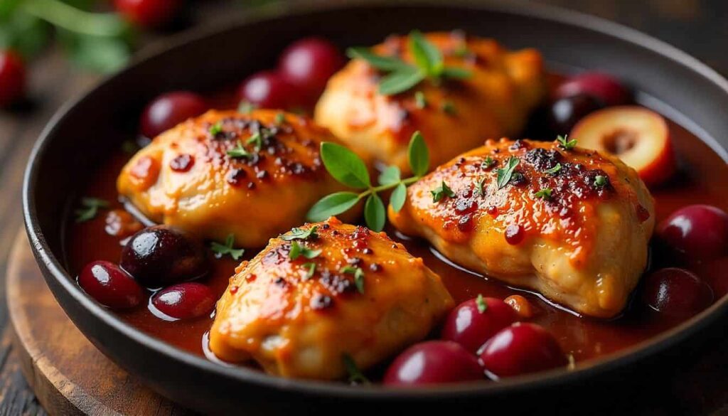Chicken simmering in a rich plum sauce with spices and onions in a pan