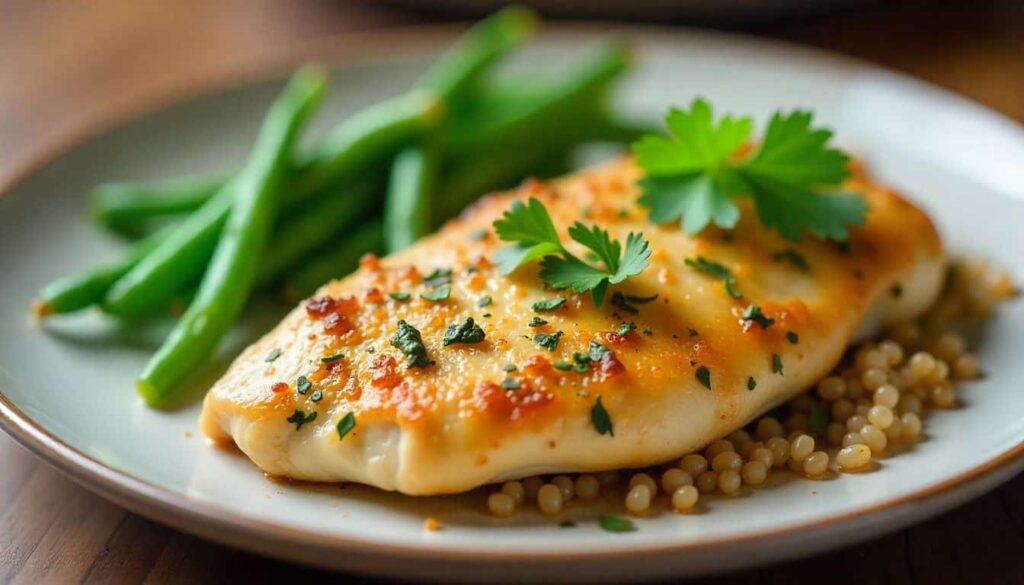 Poached chicken breast served with steamed spinach and white rice in light broth, GERD-safe chicken recipe.