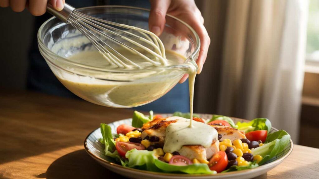 Close-up texture of Chick fil a creamy salsa dressing showing spices and salsa.