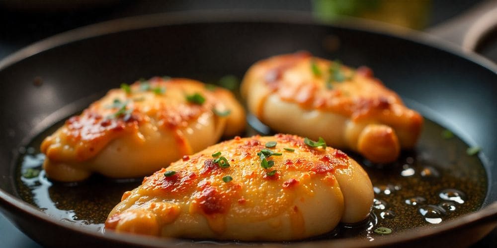 Overhead view of garlic, onion, and Swiss chard stems sautéing in a skillet with golden chicken – step in one-pan recipe