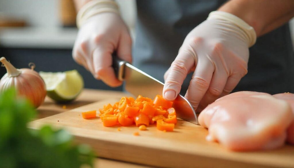 “Chef wearing gloves chopping habanero peppers safely for chicken recipe preparation.”