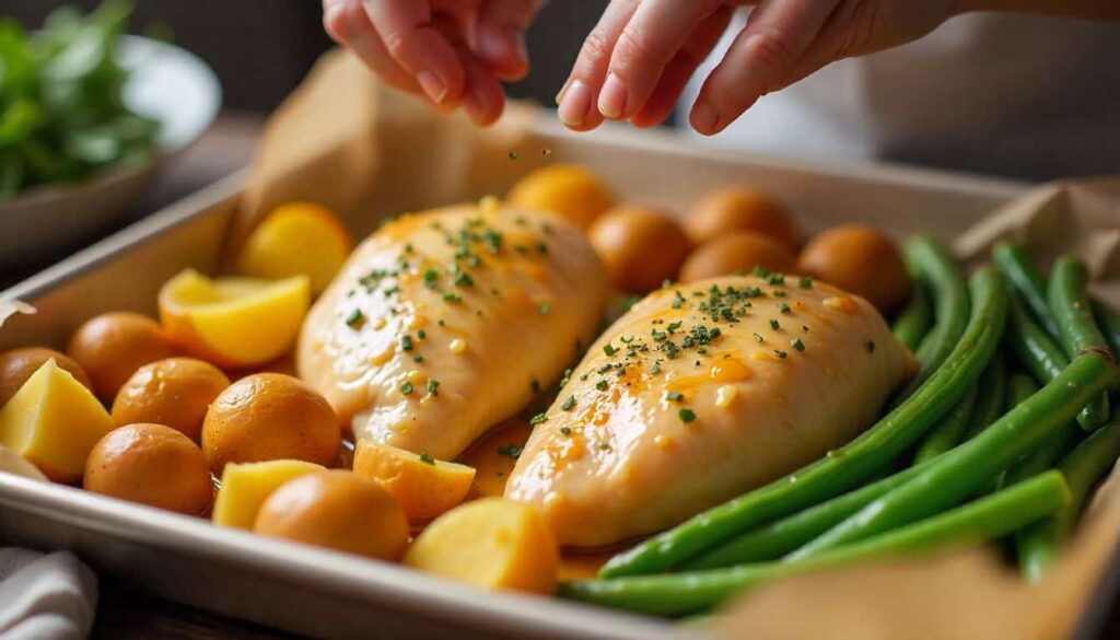 “Preparing chicken potatoes and green beans recipe on a baking sheet before roasting.”
