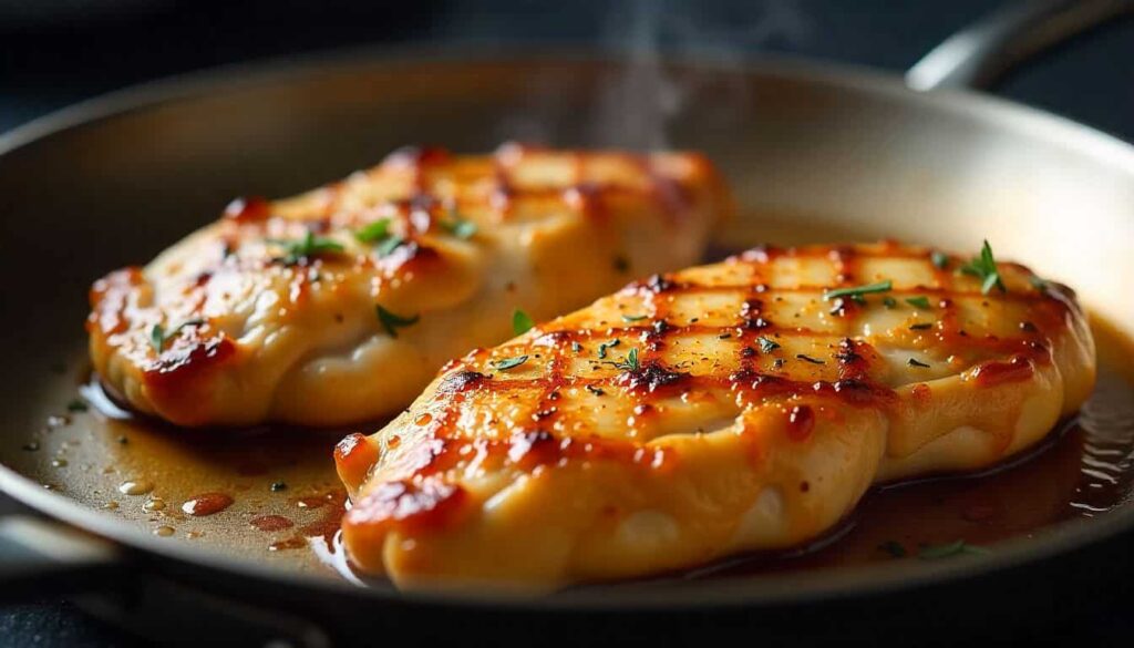 Chicken and boursin cheese recipe “Chicken breasts being seared in a hot skillet until golden brown for the chicken and Boursin cheese recipe.”