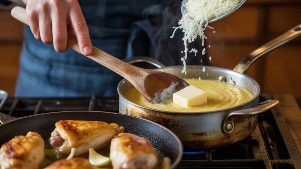 “Golden seared chicken thighs sizzling in a cast-iron pan with olive oil and garlic.”“Hand stirring creamy polenta in a saucepan with melting butter and cheese being added.”