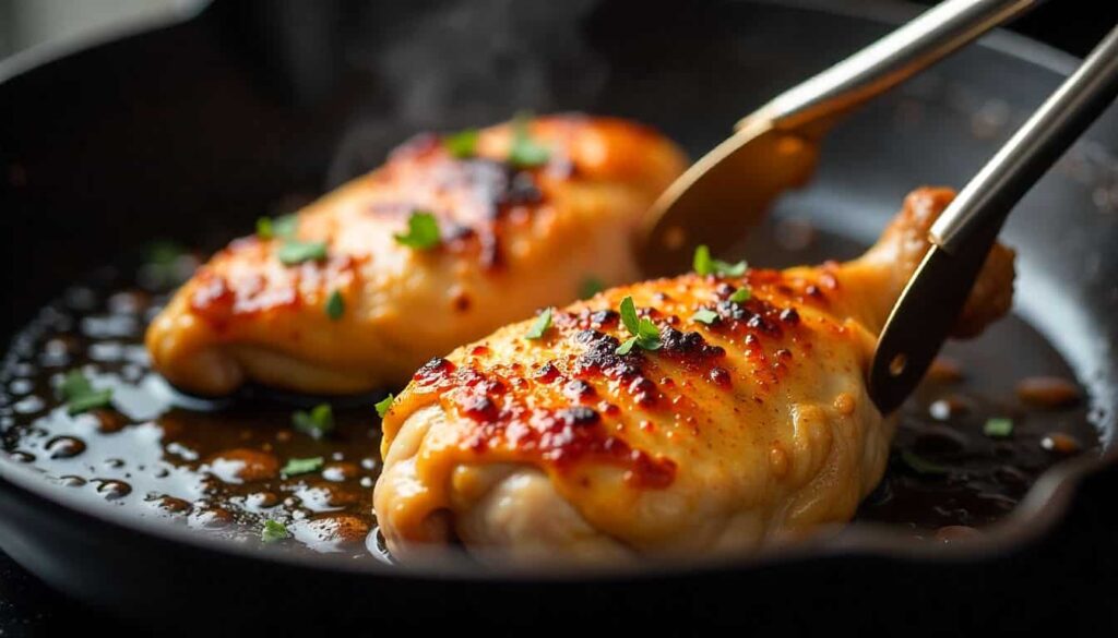 “Chicken thighs searing in a hot pan to create a crispy golden crust.”