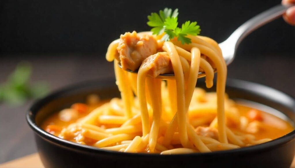 “Serving chicken and fideo noodles with tomato broth”