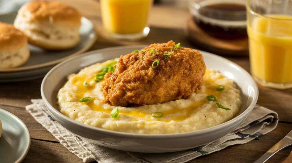 “Southern brunch table with chicken and grits, biscuits, and coffee for a cozy breakfast.”