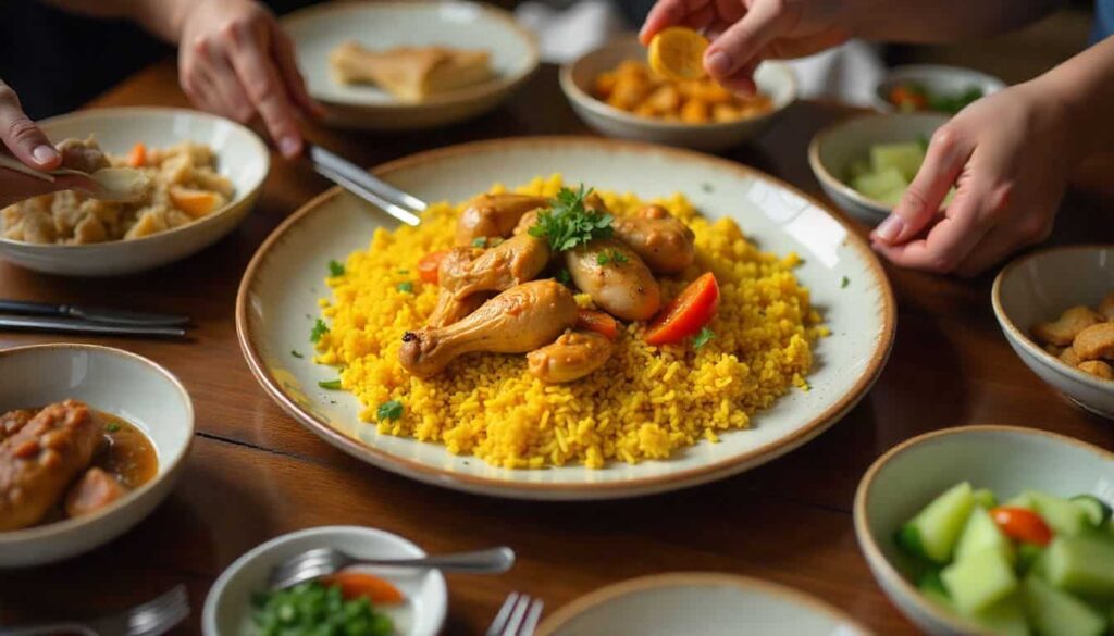: “Family-style serving of chicken and yellow rice with sides on a warm dinner table.”