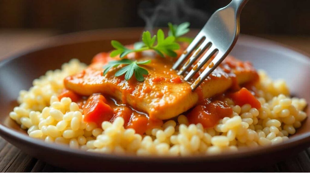 “Close-up of Cracker Barrel chicken rice with creamy sauce and tender chicken.”