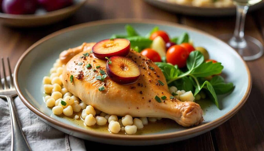Serving suggestion for chicken with plums recipe, including couscous and roasted vegetables on a plate.