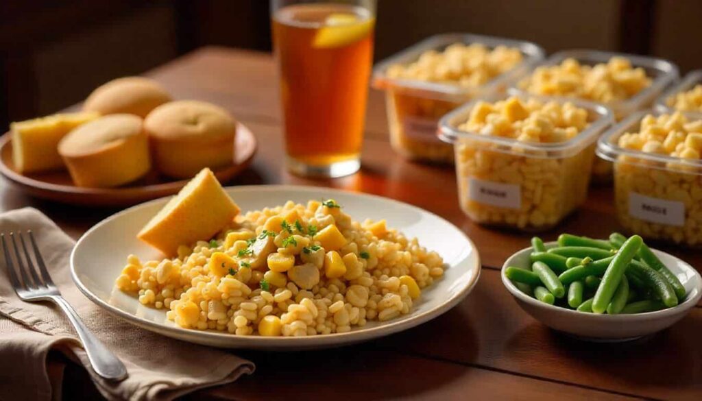 “Cracker Barrel chicken rice served with green beans, cornbread, and iced tea.“Meal prep containers of Cracker Barrel chicken and rice ready for storage.”