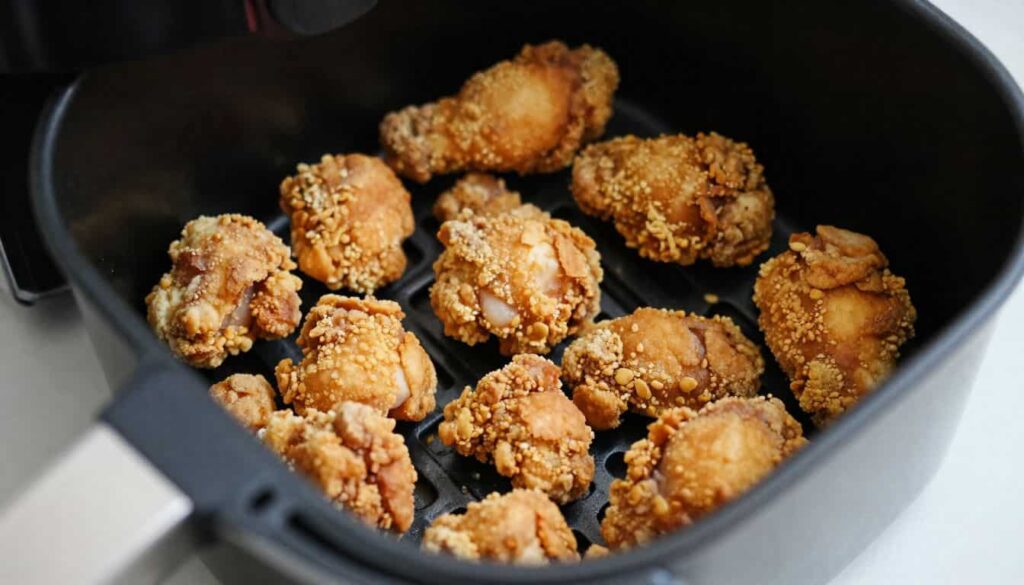 Chicken Cracklings Recipe Crispy cracklings inside an air fryer basket.
