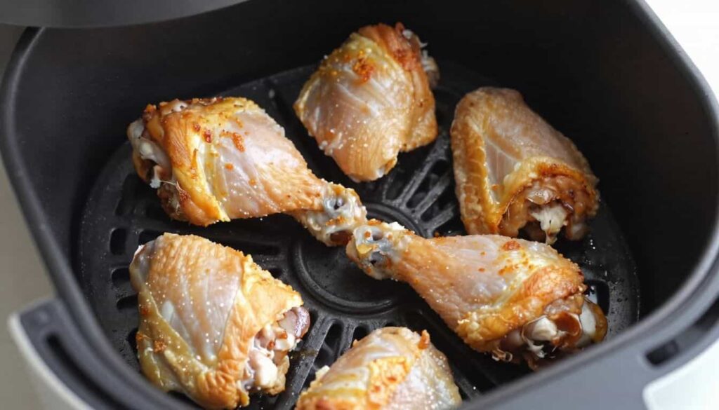“Chicken thighs cooking in an air fryer basket for a crispy finish”