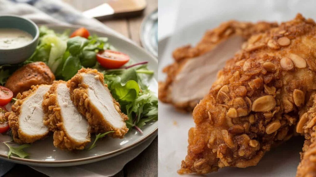 Almond Fried Chicken Recipe Sliced almond fried chicken served with fresh salad.Sliced almond fried chicken served with fresh salad.