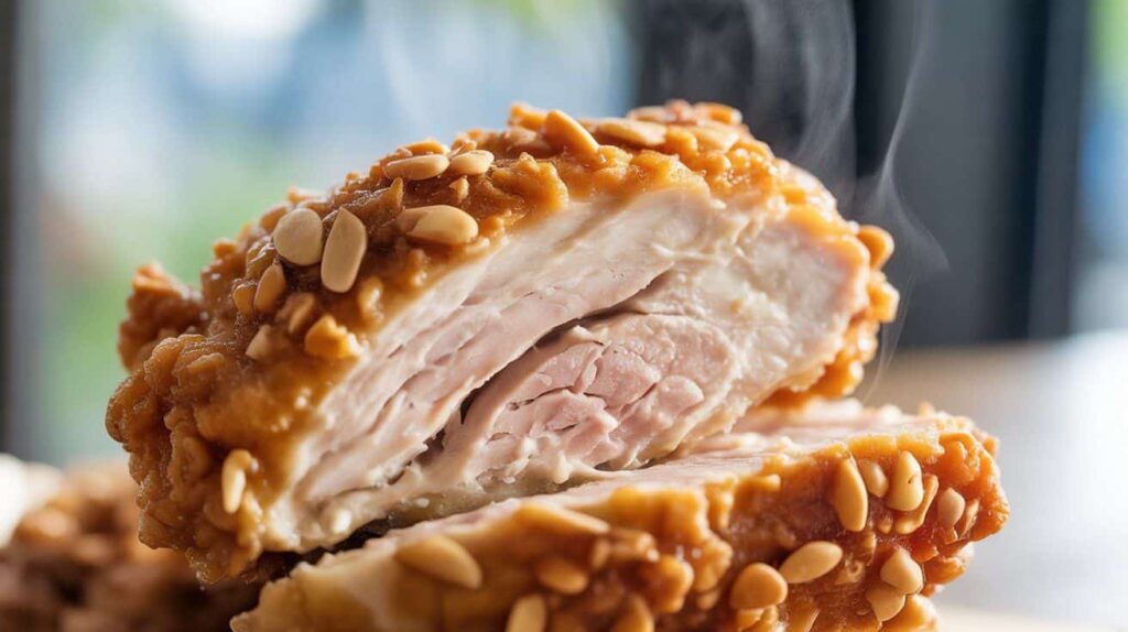 Almond Fried Chicken Recipe Close-up of crispy golden almond crust on fried chicken.