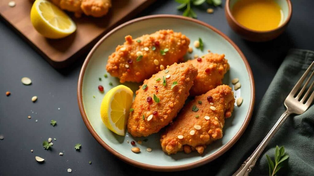 Almond Fried Chicken Recipe Crispy almond fried chicken served on a plate with lemon wedges and dipping sauce.