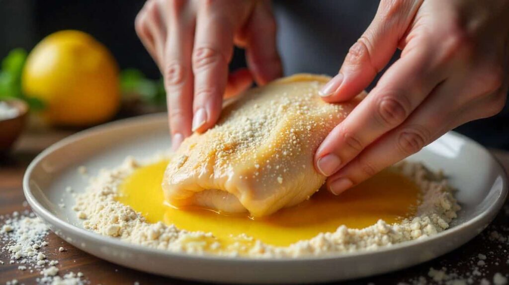 Almond Fried Chicken Recipe Chicken breast being coated in almond flour mixture.