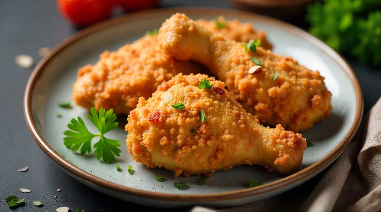 Almond Fried Chicken Recipe Almond-crusted chicken breasts on a wire rack ready for baking