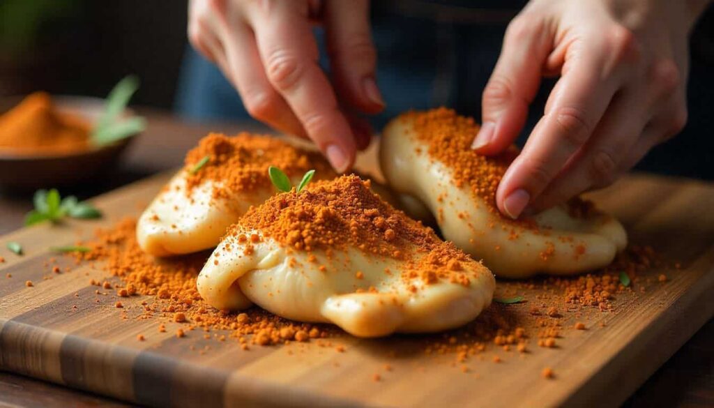 Applying award winning chicken rub recipe evenly to raw chicken