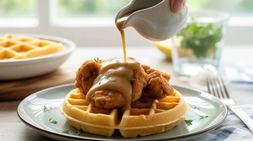 Pouring maple chicken gravy over fried chicken and waffles.