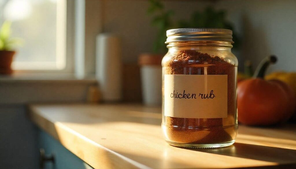 Homemade award winning chicken rub recipe stored in airtight jar