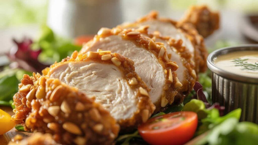 Almond Fried Chicken Recipe Sliced almond fried chicken served with fresh salad.