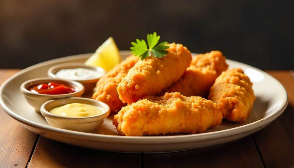 “Beer battered chicken served on a platter with dipping sauces and lemon wedges”