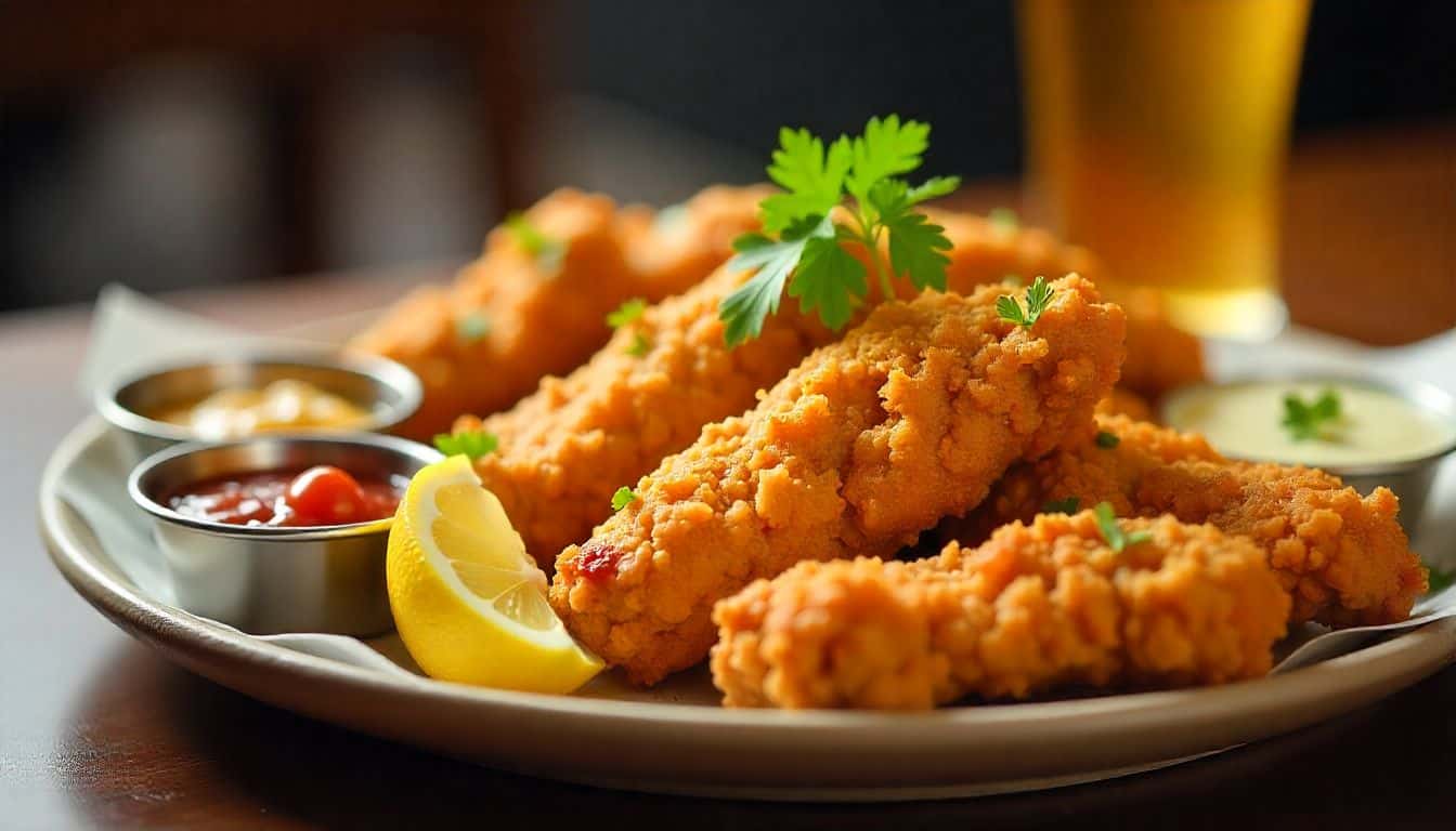 Beer Batter Recipe for Chicken “Beer battered chicken served on a platter with dipping sauces and lemon wedges”
