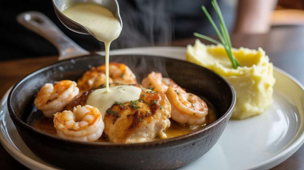 Garlic butter sauce poured over chicken and shrimp bourbon street style Applebee’s bourbon street chicken recipe served with garlic mashed potatoes