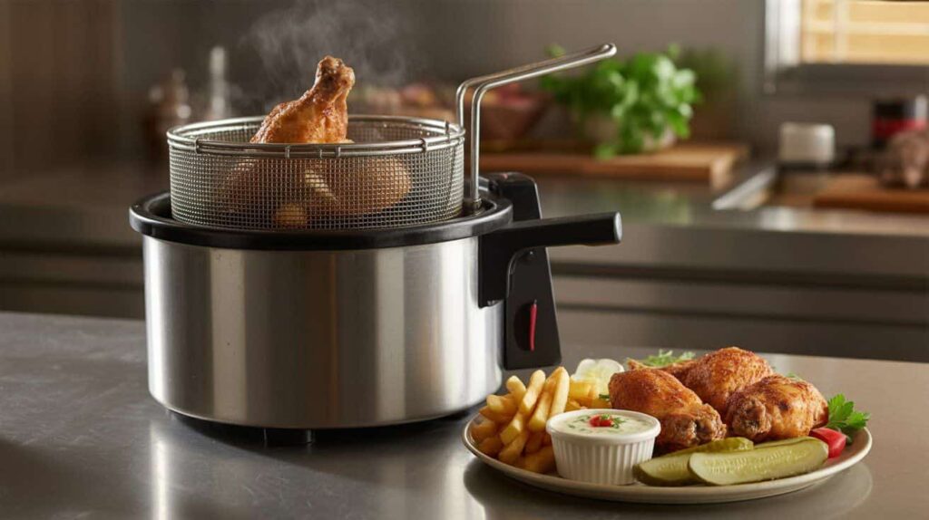 Broasted Chicken Recipe Broasted chicken frying in a professional pressure fryer.