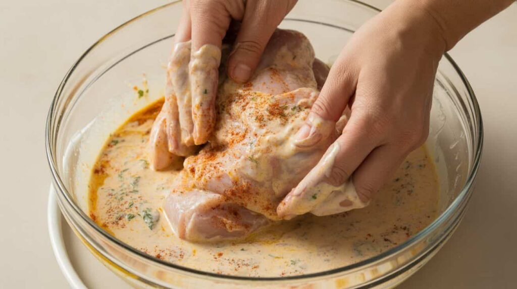 Broasted Chicken Recipe Chicken pieces being marinated in seasoned buttermilk.