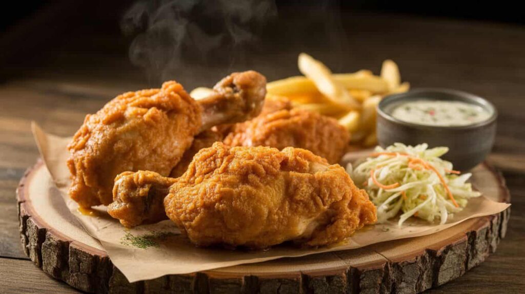 Broasted Chicken Recipe Platter of broasted chicken served with fries, garlic sauce, and pickles.