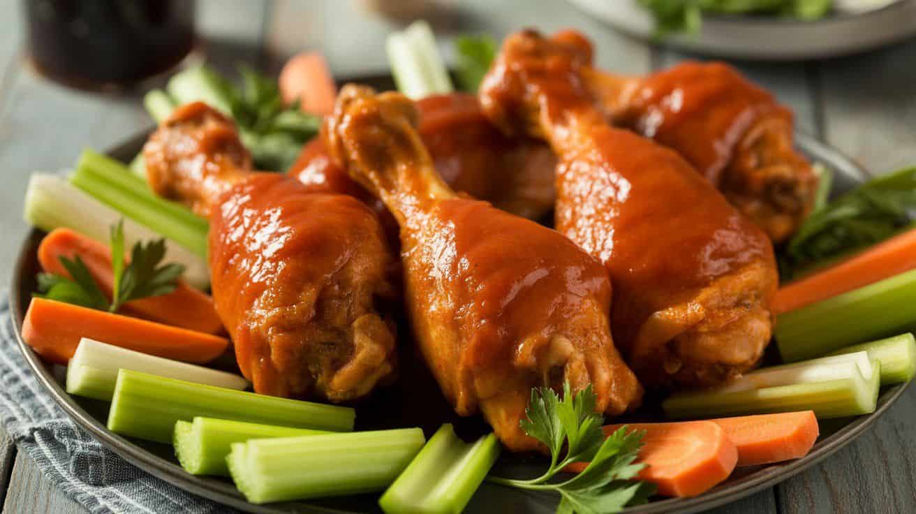 Buffalo chicken legs recipe served with ranch dressing, celery, and carrots for a classic game-day meal