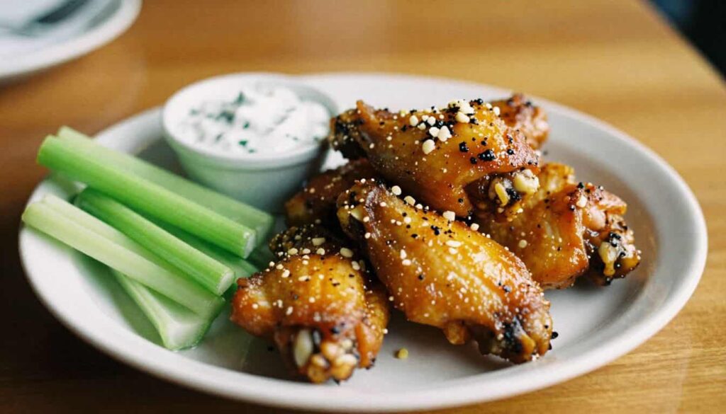 Buffalo Wild Wings garlic parmesan chicken served with celery and ranch dressing