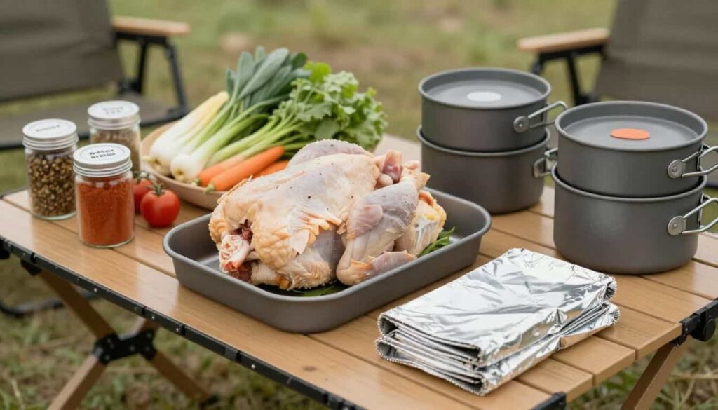 Camp chicken recipes meal prep with raw chicken, vegetables, and camping cookware