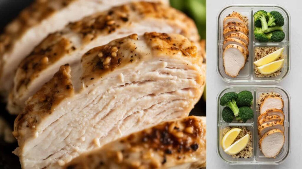 “Macro close-up of a juicy sliced cast iron chicken breast with visible seasoning and charred edges. Pinterest pin featuring meal prep containers with cast iron chicken breast.”